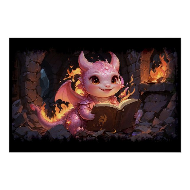 Póster Dragón bebé rosa lee un libro (Anverso)