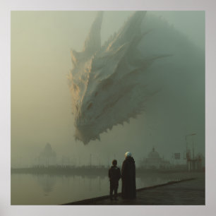 Póster Dragón Blanco Gigante sobre el Muelle de la Ciudad