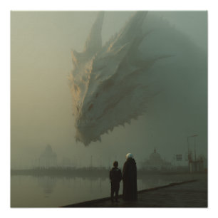 Póster Dragón Blanco Gigante sobre el Muelle de la Ciudad