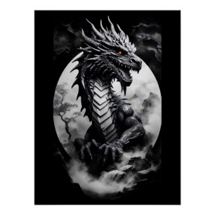 Póster Dragón blanco y negro