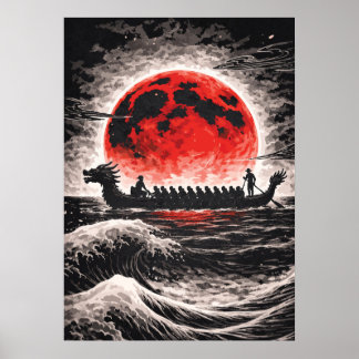 Póster Dragon Boat Race Team Paddling In Red Moon Horizon