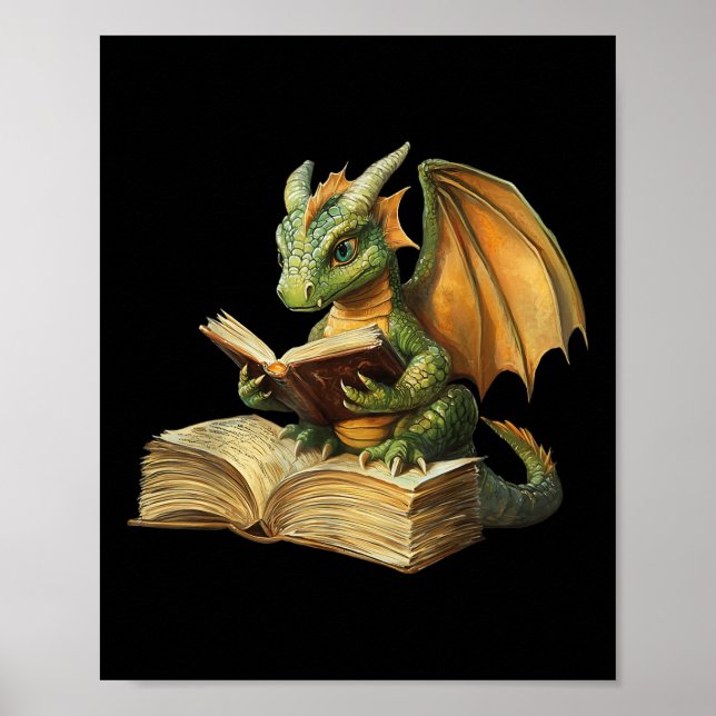 Póster Dragon Bookworm Reading Book Funny Graphic (Frente)