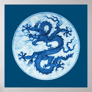 Póster Dragón chino, azul índigo y Poster blanco