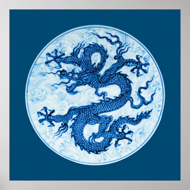 Póster Dragón chino, azul índigo y Poster blanco (Frente)