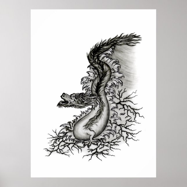 Póster Dragón chino, diseño blanco y negro en tatuostyl (Frente)