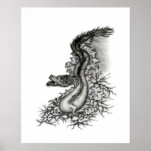 Póster Dragón chino, diseño en blanco y negro al estilo d