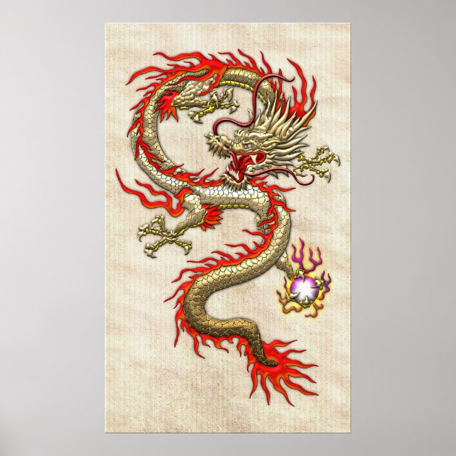 Póster Dragon chino dorado fucanglong sobre papel de arro (Frente)