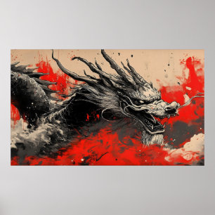 Póster Dragón chino majestuoso con mancha de tinta roja
