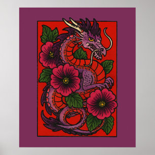 Póster Dragón chino morado hibiscus