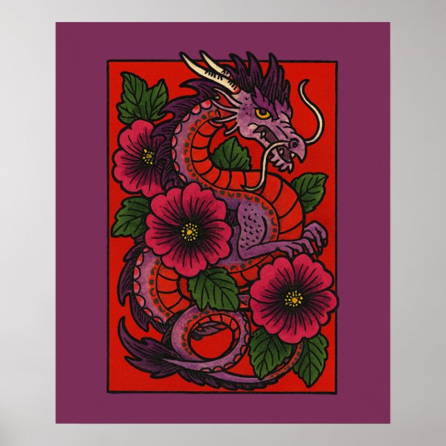 Póster Dragón chino morado hibiscus (Frente)