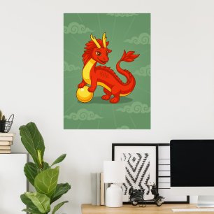 Póster Dragón Chino Rojo sobre Verde
