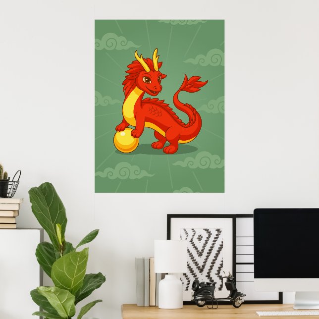 Póster Dragón Chino Rojo sobre Verde (Oficina en casa)