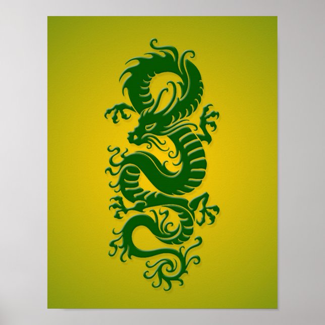 Póster Dragón chino tribal verde y amarillo (Frente)