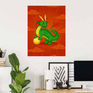 Póster Dragón Chino Verde sobre Rojo