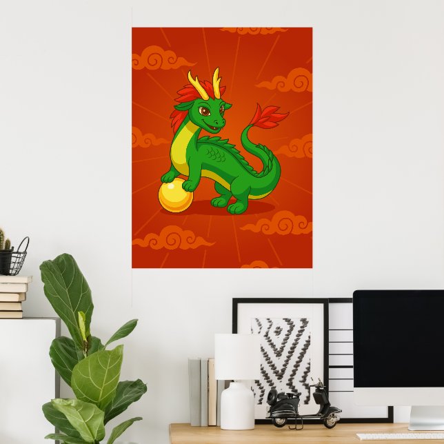 Póster Dragón Chino Verde sobre Rojo (Oficina en casa)