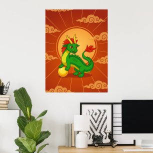 Póster Dragón Chino Verde sobre Rojo