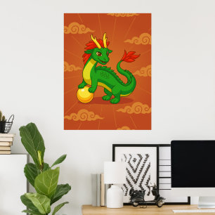 Póster Dragón Chino Verde sobre Rojo