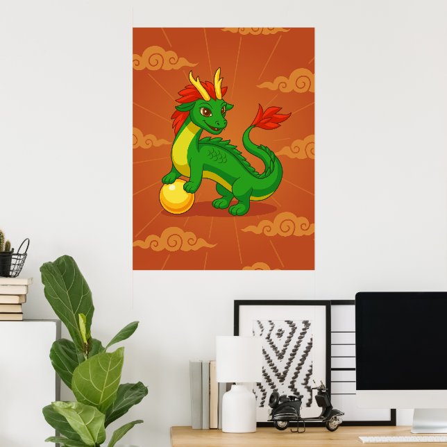 Póster Dragón Chino Verde sobre Rojo (Oficina en casa)