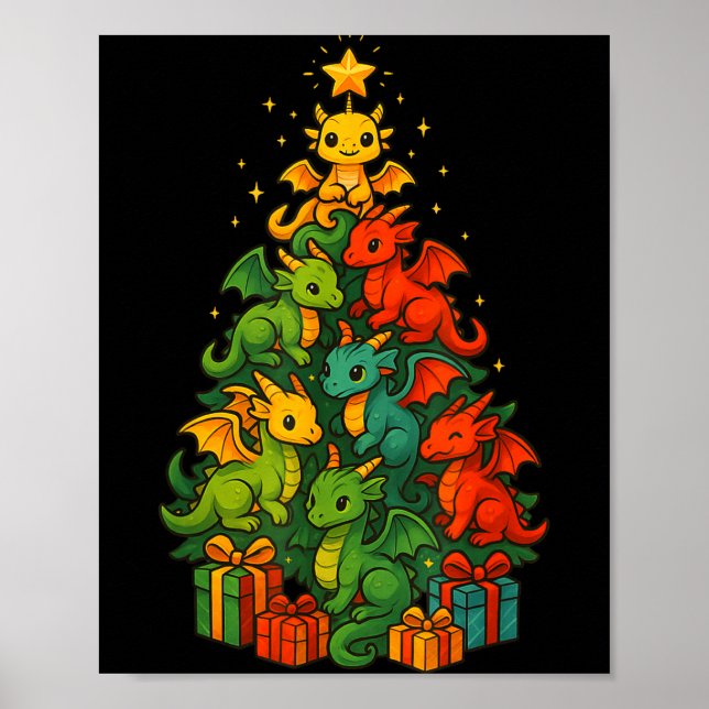 Póster Dragon Christmas Tree Funny Dragon Xmas  (Frente)