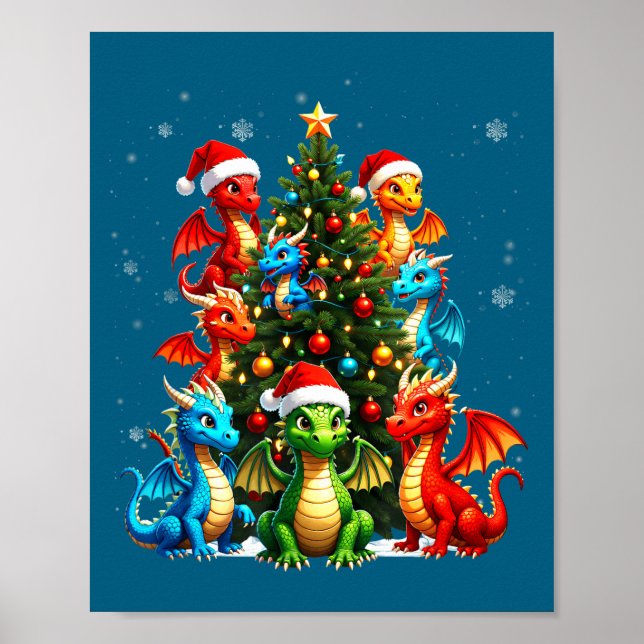 Póster Dragon Christmas Tree Squad Santa Hat Fantasy Myth (Frente)