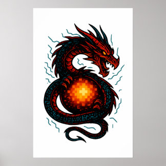 Póster Dragón Cibernético de Neón en Espiral – Fantasía F