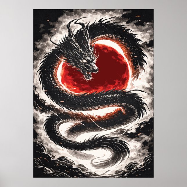 Póster Dragon Coil over a Red Eclipse - Japanese Art (Frente)