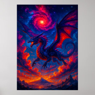 Póster Dragón cósmico volando a través de feroz fantasía 