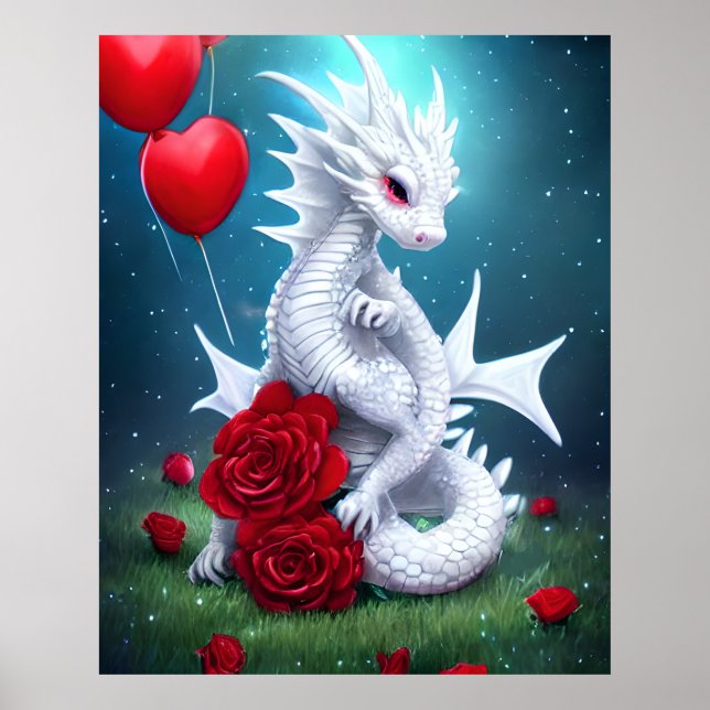 Póster Dragón de amor de San Valentín blanco (Frente)