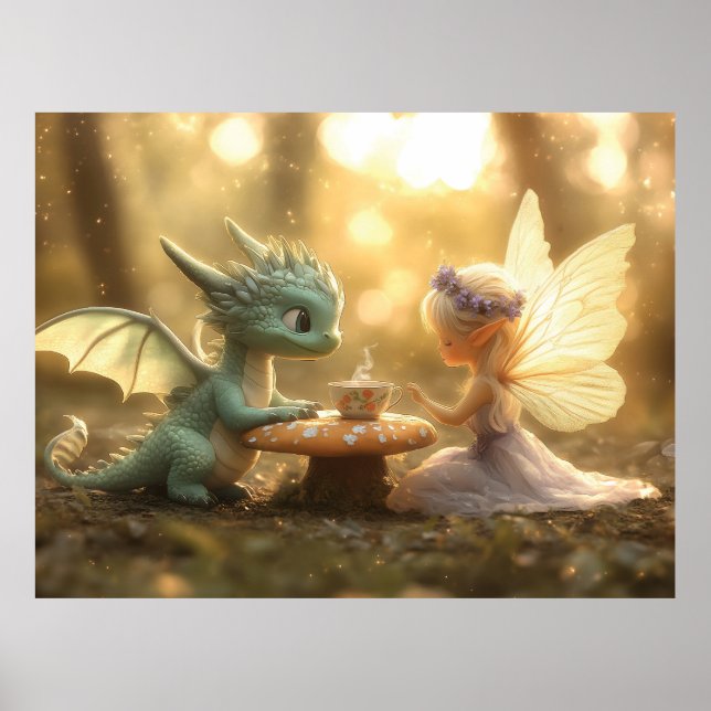 Póster Dragón de bebé dulce y hadas disfrutando del té (Frente)