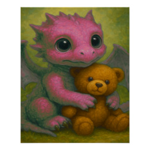 Póster Dragón de bebé ordeñable de cachorro rosa con oso 