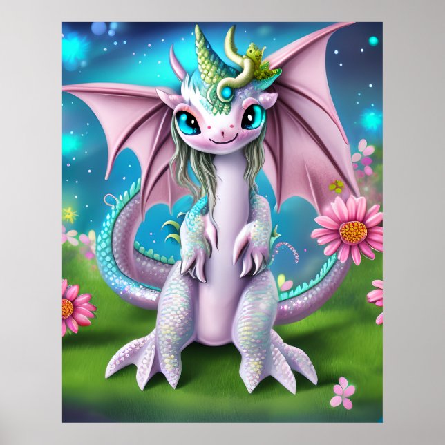 Póster Dragón de bebé sonriente con flores (Frente)