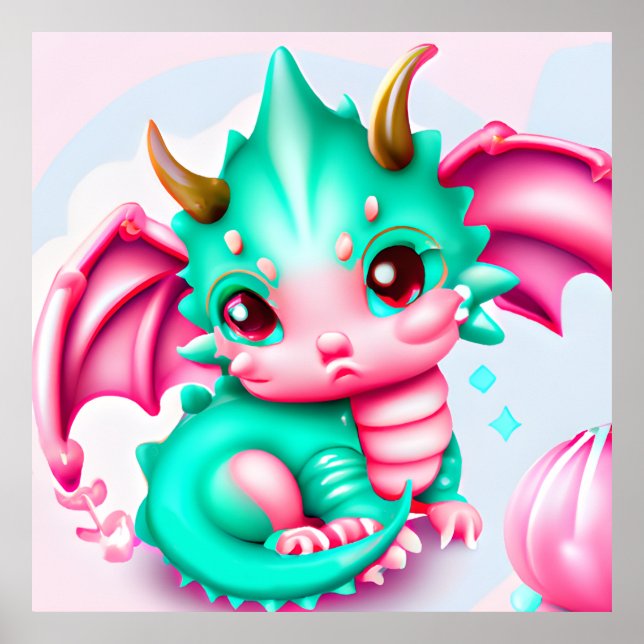 Póster Dragón de bebé Verde azulado y rosa de Kawaii (Frente)