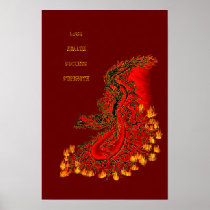 Póster Dragón de China diseño rojo y dorado