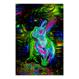 Póster Dragón de conejo psicodélico en la fantasía neón