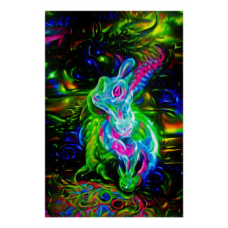 Póster Dragón de conejo psicodélico en la fantasía neón