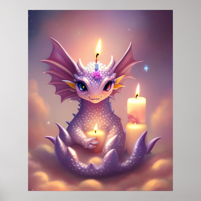 Póster Dragón de fantasía con velas de cumpleaños (Frente)