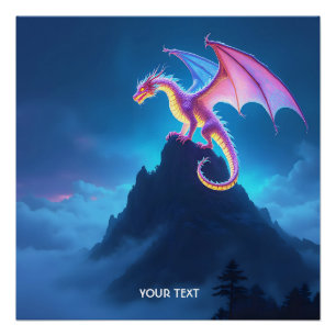 Póster Dragón de fantasía lindo envuelto en niebla