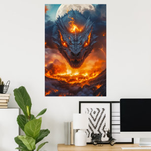 Póster Dragón de Fuego Bajo Fantasía de Luna Llena