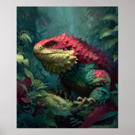 Póster Dragón de lagarto amarillo verde rojo en follaje d