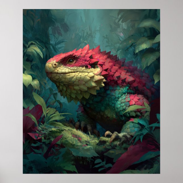 Póster Dragón de lagarto amarillo verde rojo en follaje d (Frente)