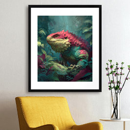 Póster Dragón de lagarto amarillo verde rojo en follaje d