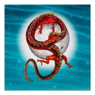 Póster Dragón de Luna Roja Arte de Fantasía Celestial