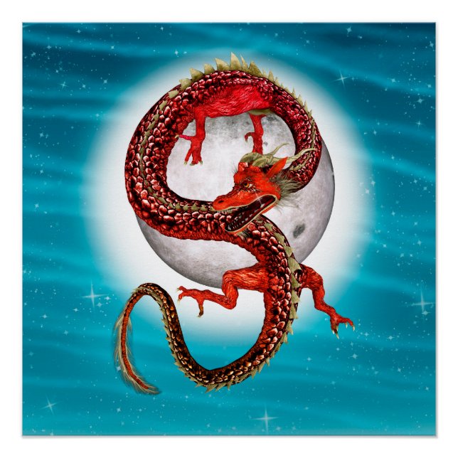 Póster Dragón de Luna Roja Arte de Fantasía Celestial (Anverso)