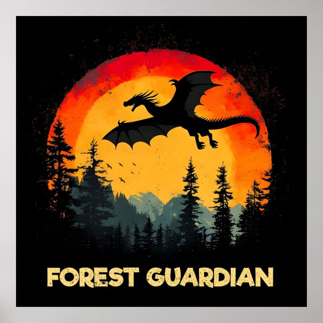 Póster Dragón del bosque del atardecer (Frente)