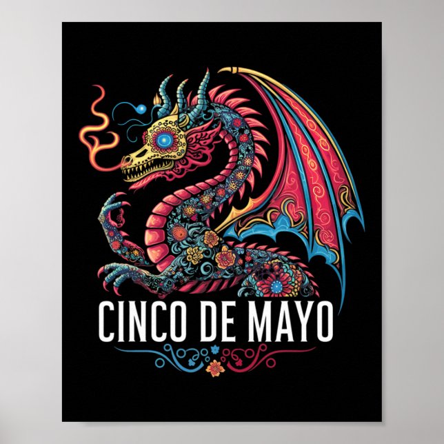 Póster Dragón divertido Cinco De Mayo Flor De Azúcar Mexi (Frente)