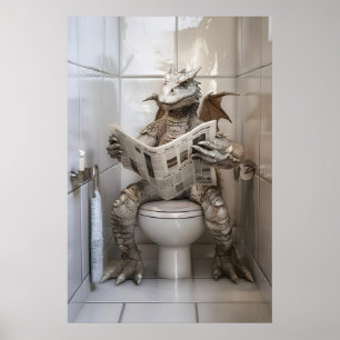 Póster Dragón Divertido en Inodoro Leyendo Periódico Impr