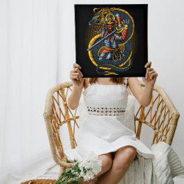 Póster Dragón dorado japonés y guerrero samurai