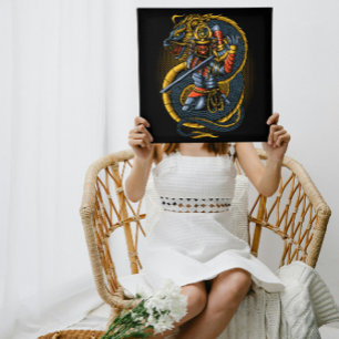 Póster Dragón dorado japonés y guerrero samurai