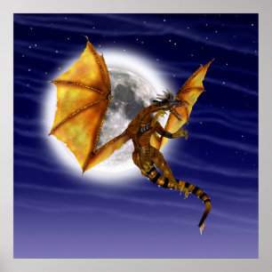 Póster Dragón Dorado Mítico Fantasía Creatura Cielo Púrpu