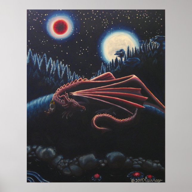 Póster Dragón durmiente y jinete bajo la Luna Roja (Frente)